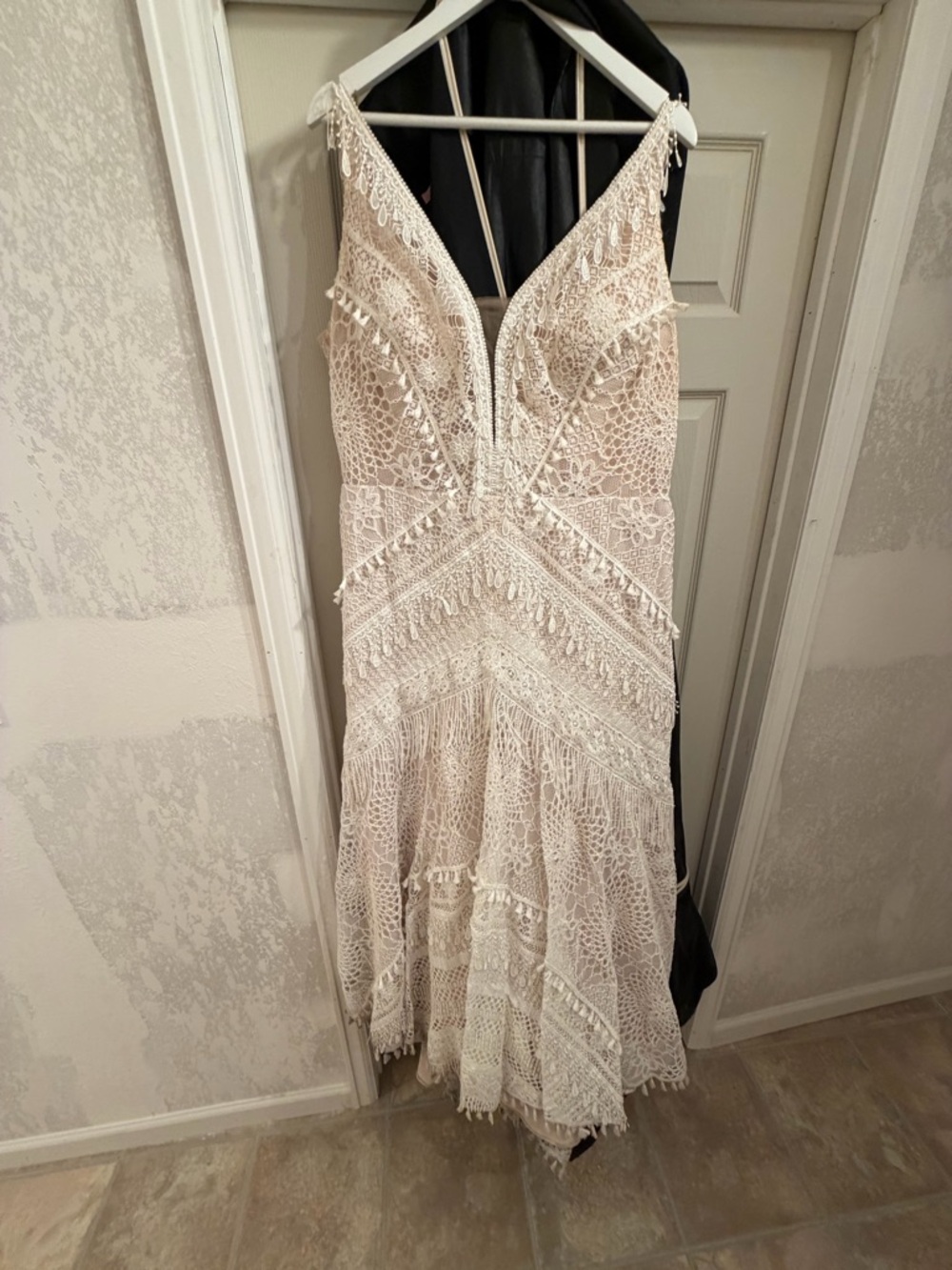 Ivory Crochet V-Neck Bridal Dress with Fringe Detail